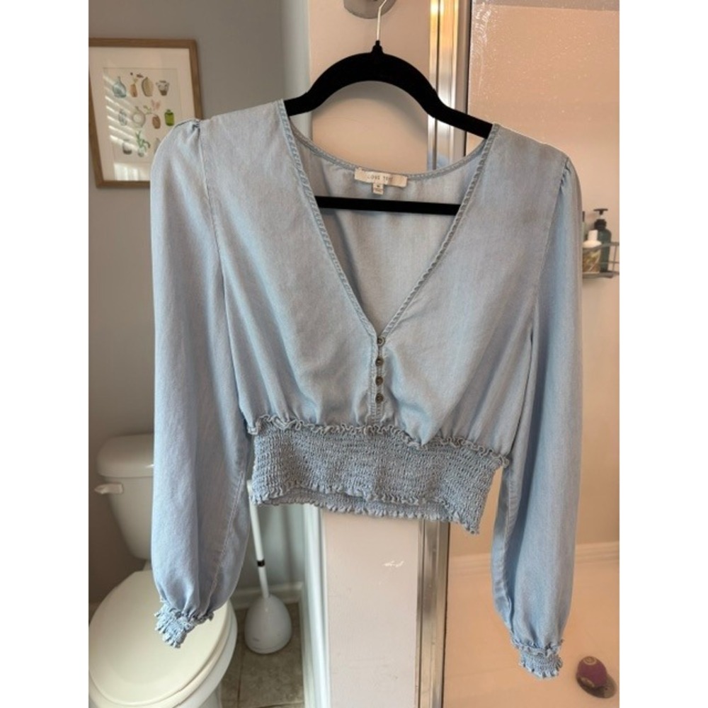 Love Tree Chambray Tencel Smocked Crop Top Puff Sleeve Cottagecore Boho